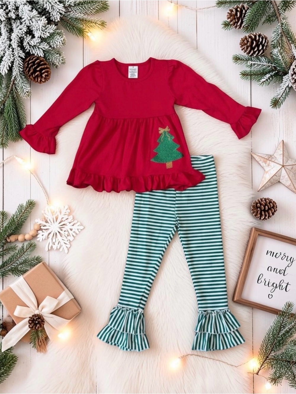 Girls Glitter Xmas Tree Ruffle Bell Bottom Outfit Red Green Holiday Set New Sz 2